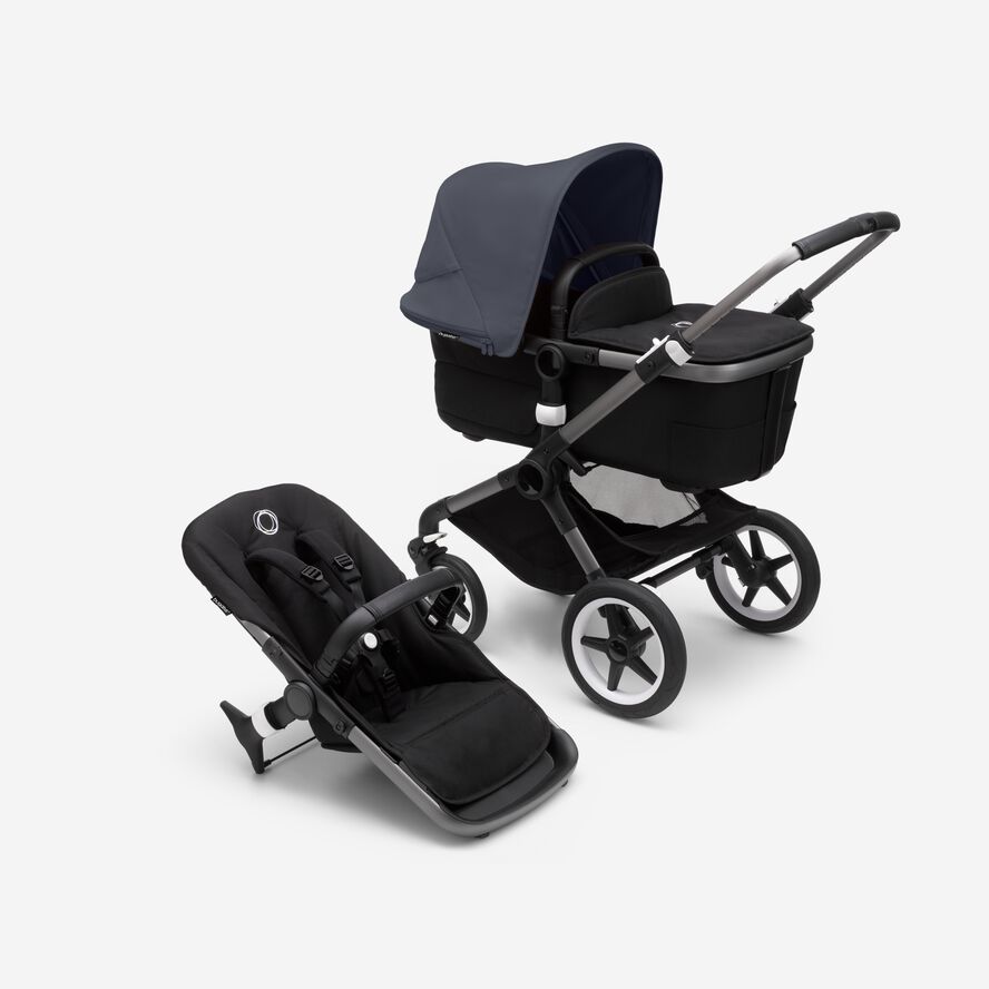 Bugaboo Fox 3 bassinet and seat stroller graphite base, midnight black fabrics, stormy blue sun canopy