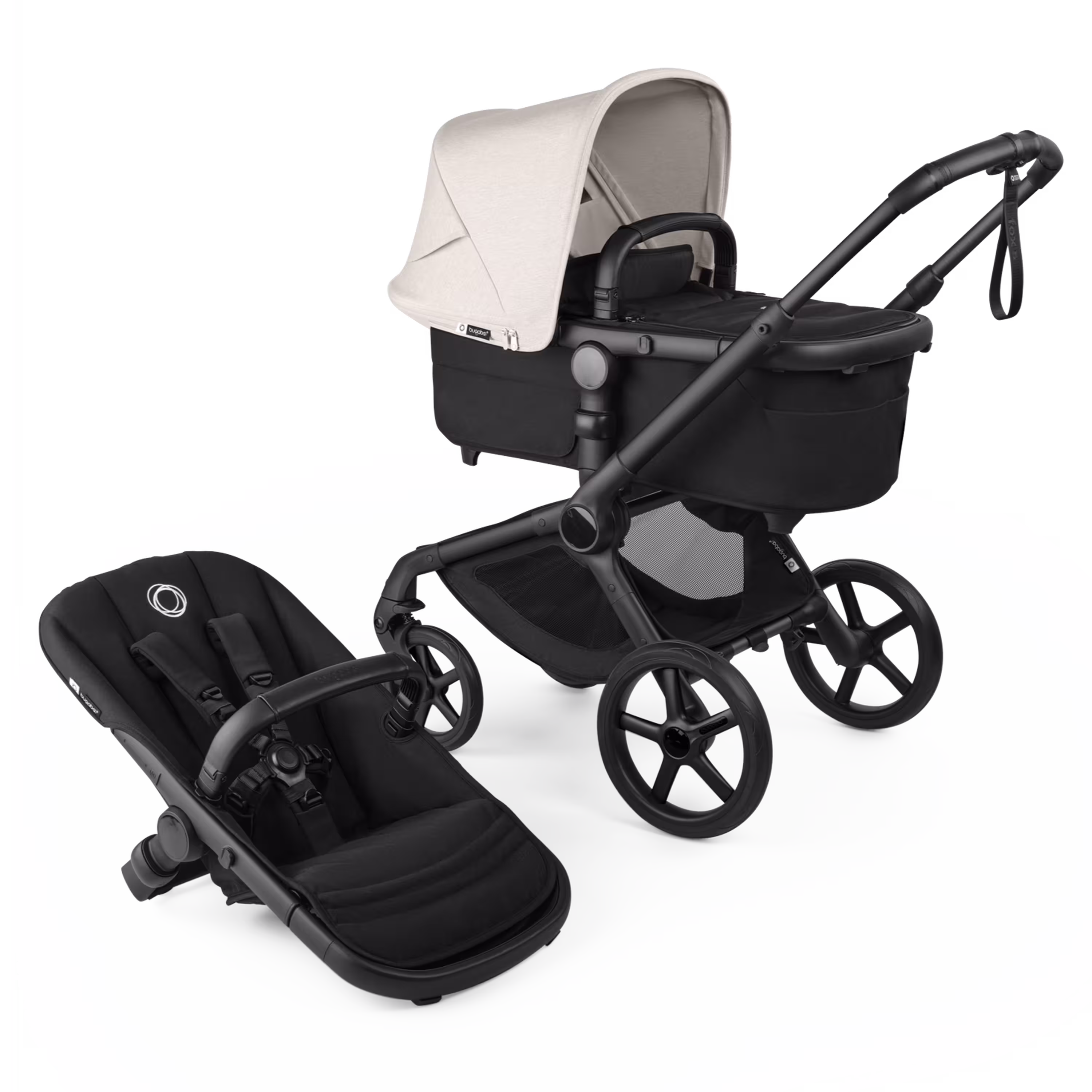 Bugaboo Fox 5 Renew bassinet and seat 2-in-1 stroller, with black chassis, Heritage Black fabrics, and Misty White sun canopy. - Main Modal Image Slide 1 of 12