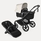 Bugaboo Fox 5 Renew bassinet and seat 2-in-1 stroller, with black chassis, Heritage Black fabrics, and Misty White sun canopy.
