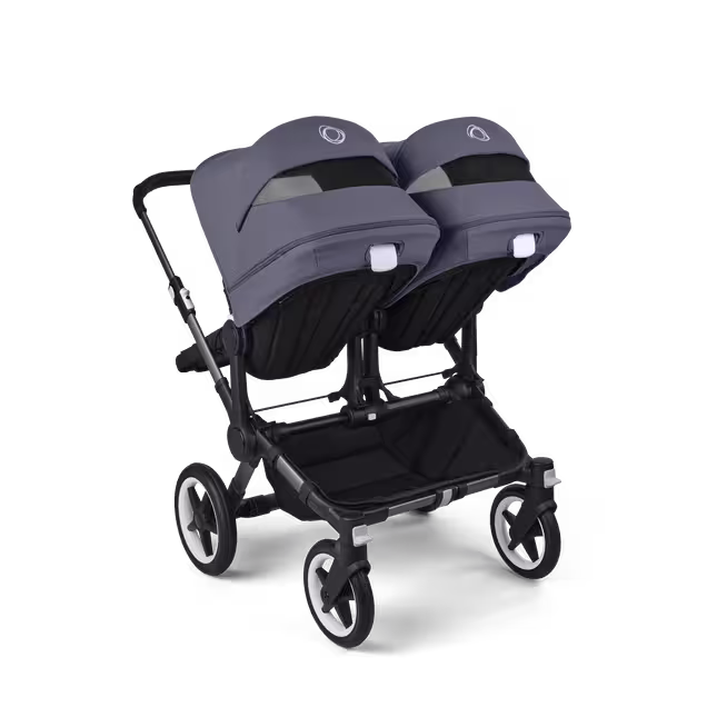 Bugaboo Donkey 5 twin stroller graphite base, midnight black fabrics, stormy blue sun canopy - Main Image Slide 4 of 12