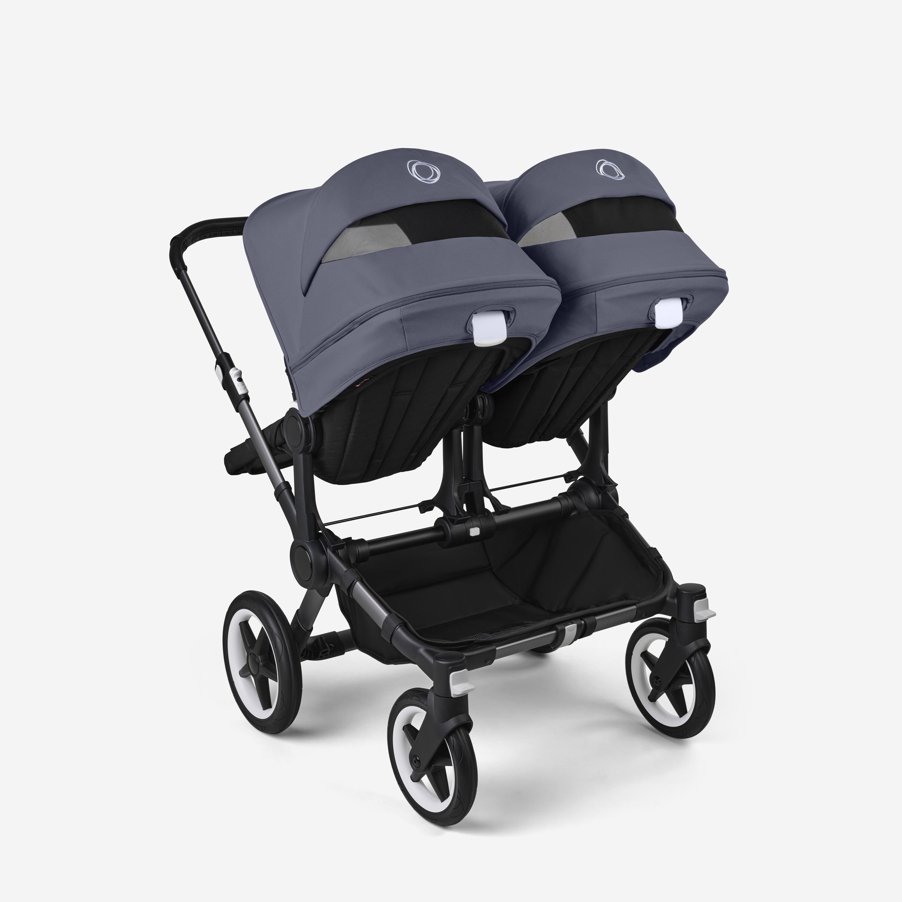 Bugaboo Donkey 5 twin stroller graphite base, midnight black fabrics, stormy blue sun canopy - Main Modal Image Slide 4 of 12