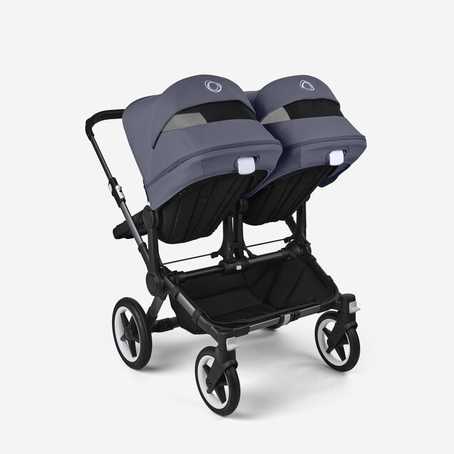 Bugaboo Donkey 5 twin stroller graphite base, midnight black fabrics, stormy blue sun canopy - Main Image Slide 4 of 12