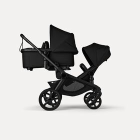 Bugaboo Kangaroo tandem stroller black base, midnight black fabrics, midnight black sun canopy
