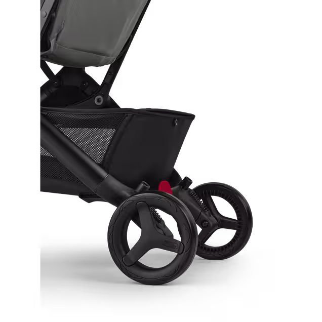 A close up of the rear wheels of the Bugaboo Butterfly 2 travel pram. - Main Image Slide 7 of 9