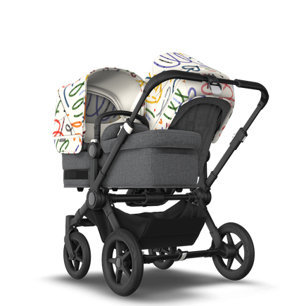 Bugaboo Donkey 5 Duo bassinet and seat stroller black base, grey mélange fabrics, art of discovery white sun canopy - view 1