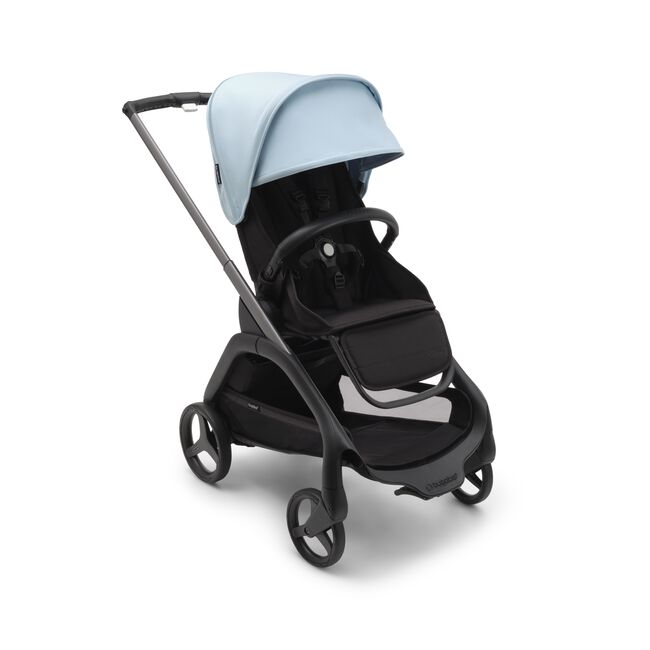 Bugaboo Dragonfly seat pushchair with graphite chassis, midnight black fabrics and skyline blue sun canopy. - Main Image Slide 1 of 18
