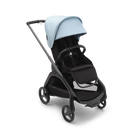 Bugaboo Dragonfly seat pushchair with graphite chassis, midnight black fabrics and skyline blue sun canopy.