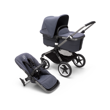 Bugaboo Fox 3  pram body and seat stroller with graphite frame, stormy blue fabrics, and stormy blue sun canopy.
