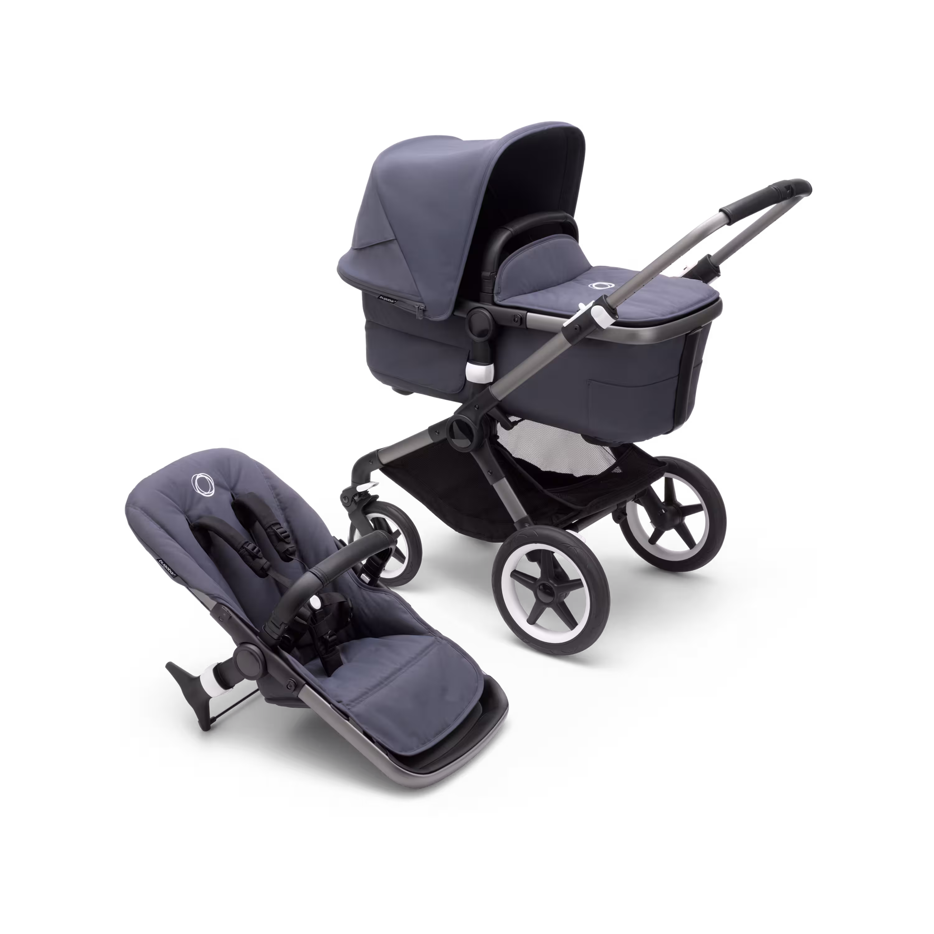 Bugaboo Fox 3 bassinet and seat stroller with graphite frame, stormy blue fabrics, and stormy blue sun canopy. - Main Modal Image Slide 1 of 9