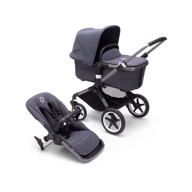 Bugaboo Fox 3 bassinet and seat stroller with graphite frame, stormy blue fabrics, and stormy blue sun canopy. - Main Image Slide 1 of 9