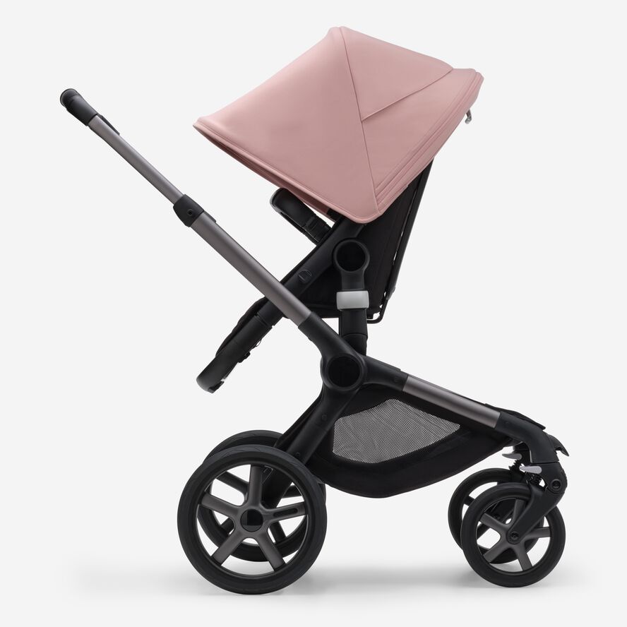Bugaboo Fox 5 bassinet and seat stroller graphite base, midnight black fabrics, morning pink sun canopy