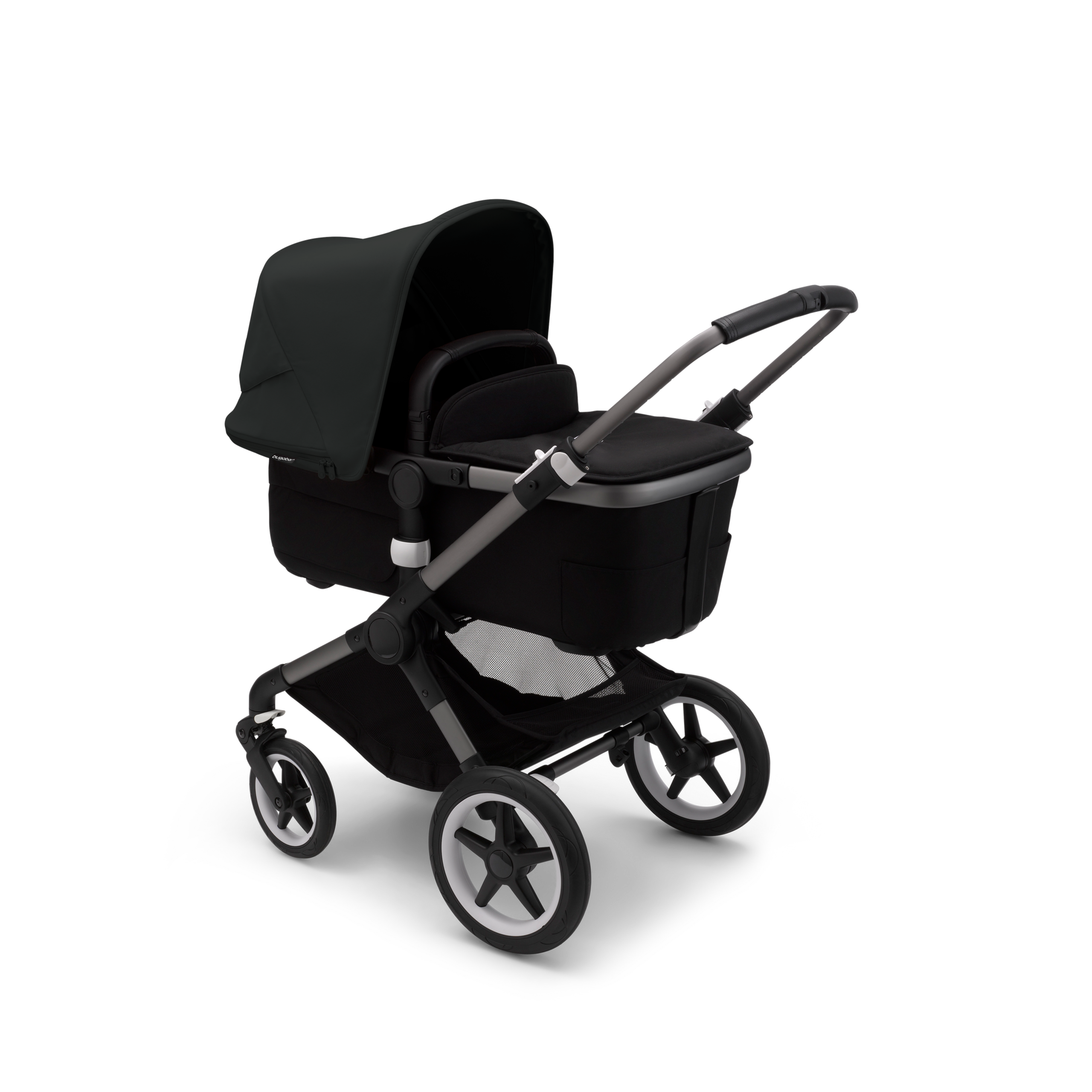 Bugaboo Fox 3 bassinet stroller with graphite frame, black fabrics, and black sun canopy. - Thumbnail Slide 2 of 7