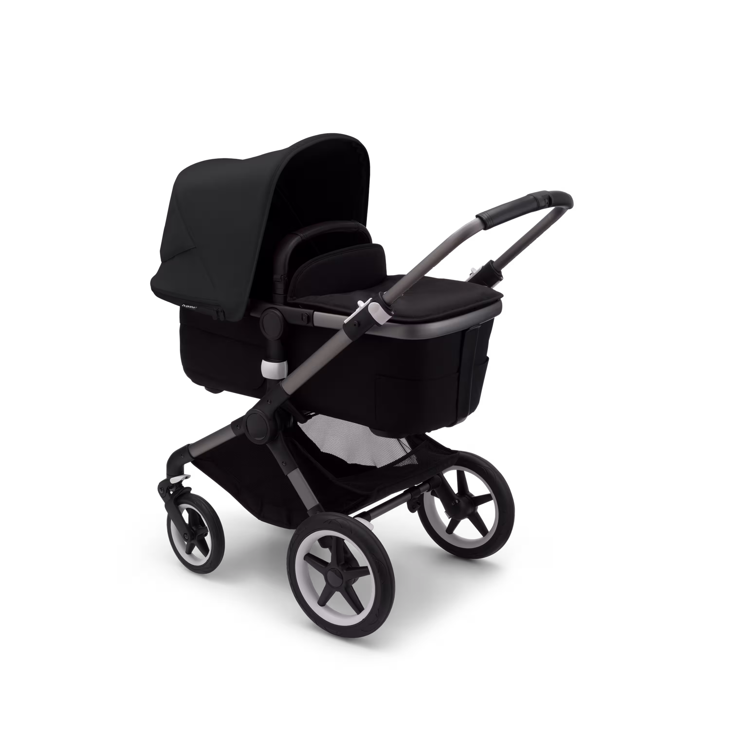 Bugaboo Fox 3 bassinet stroller with graphite frame, black fabrics, and black sun canopy. - Main Modal Image Slide 2 of 7