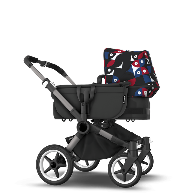 Bugaboo Donkey 5 Mono bassinet and seat stroller graphite base, midnight black fabrics, animal explorer red/ blue sun canopy
