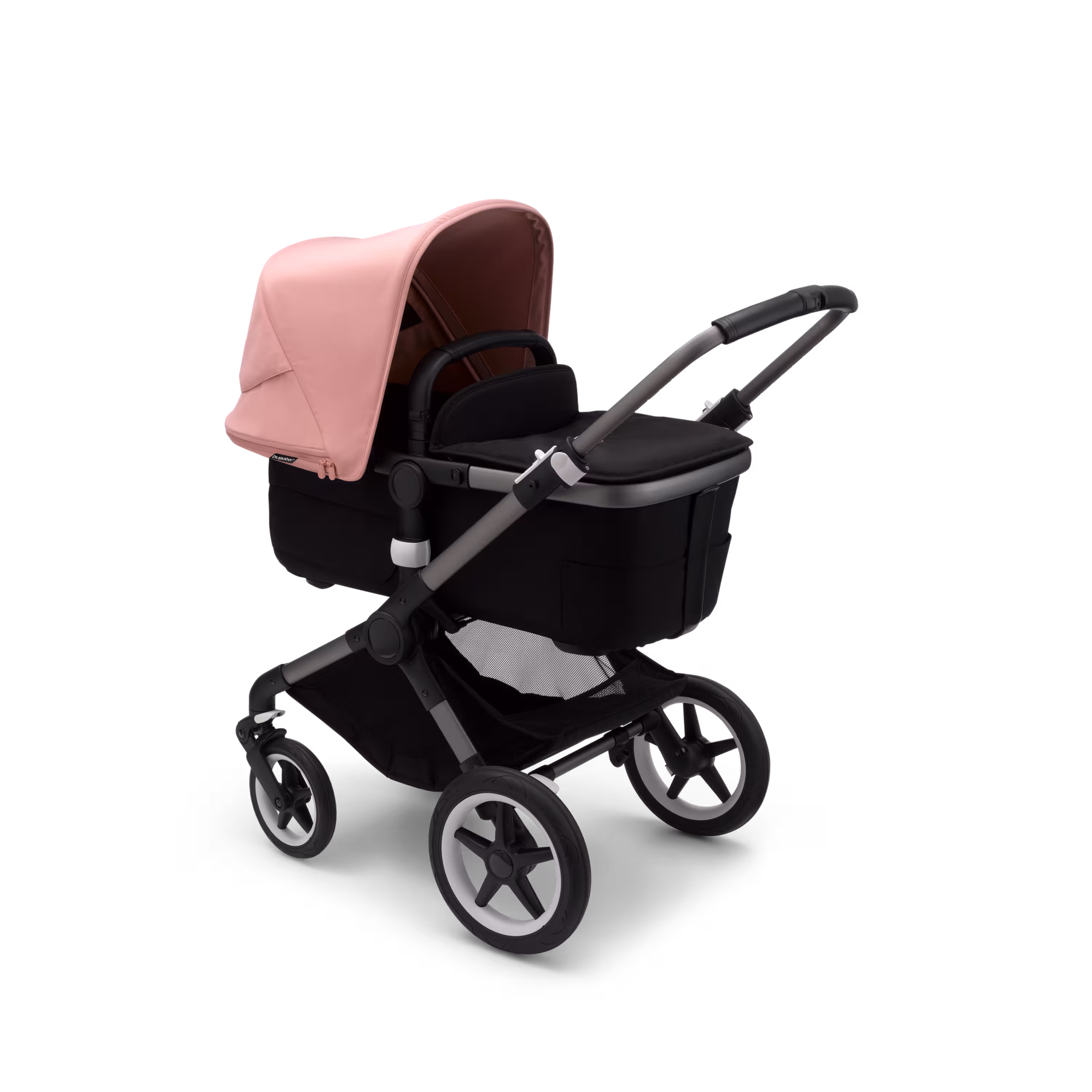 Bugaboo Fox 3 bassinet stroller with graphite frame, black fabrics, and pink sun canopy. - Main Modal Image Slide 4 of 7