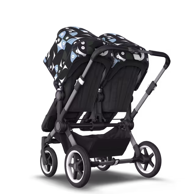 Bugaboo Donkey 5 twin stroller graphite base, midnight black fabrics, animal explorer green/light blue sun canopy - Main Image Slide 3 of 12