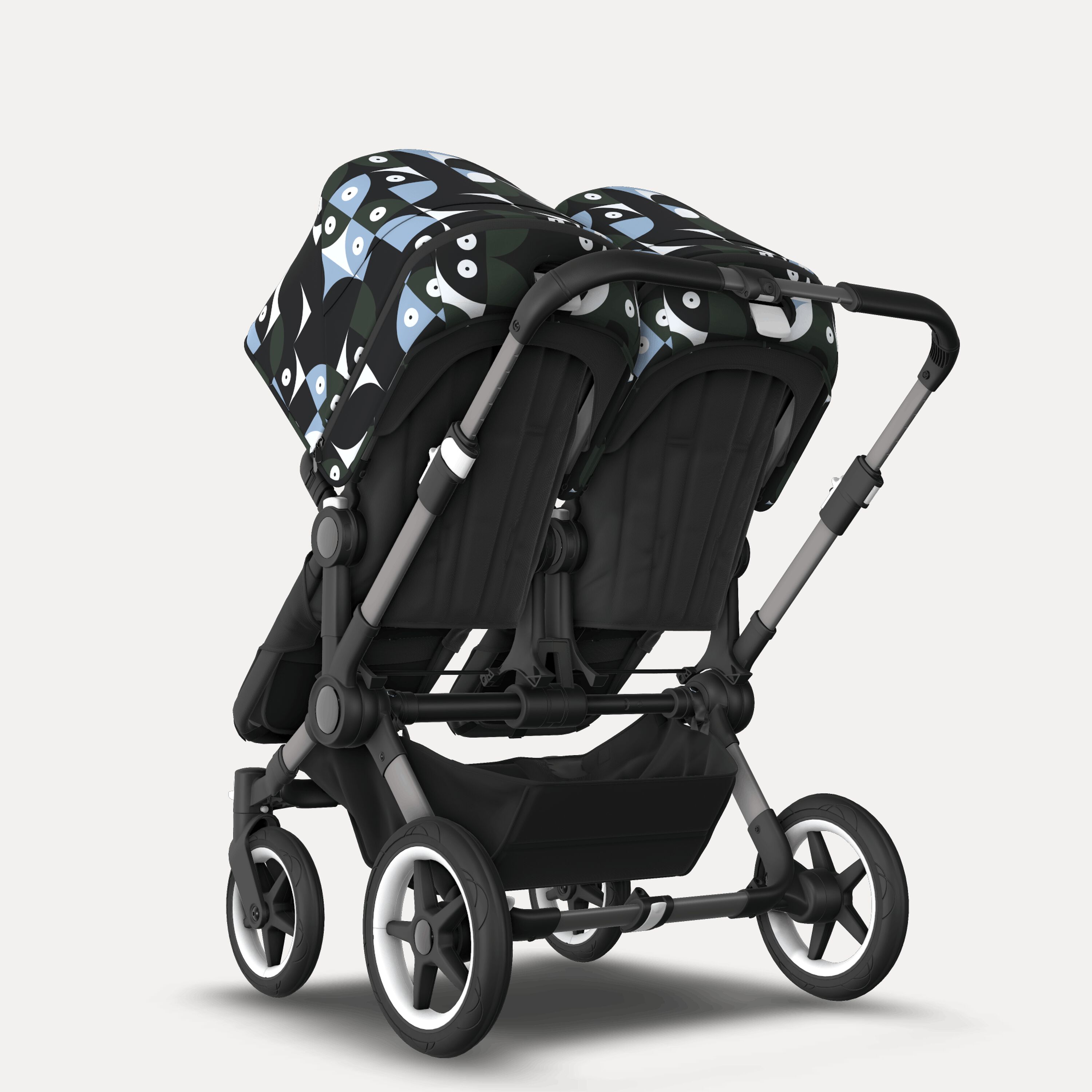Bugaboo Donkey 5 twin stroller graphite base, midnight black fabrics, animal explorer green/light blue sun canopy - Main Modal Image Slide 3 of 12