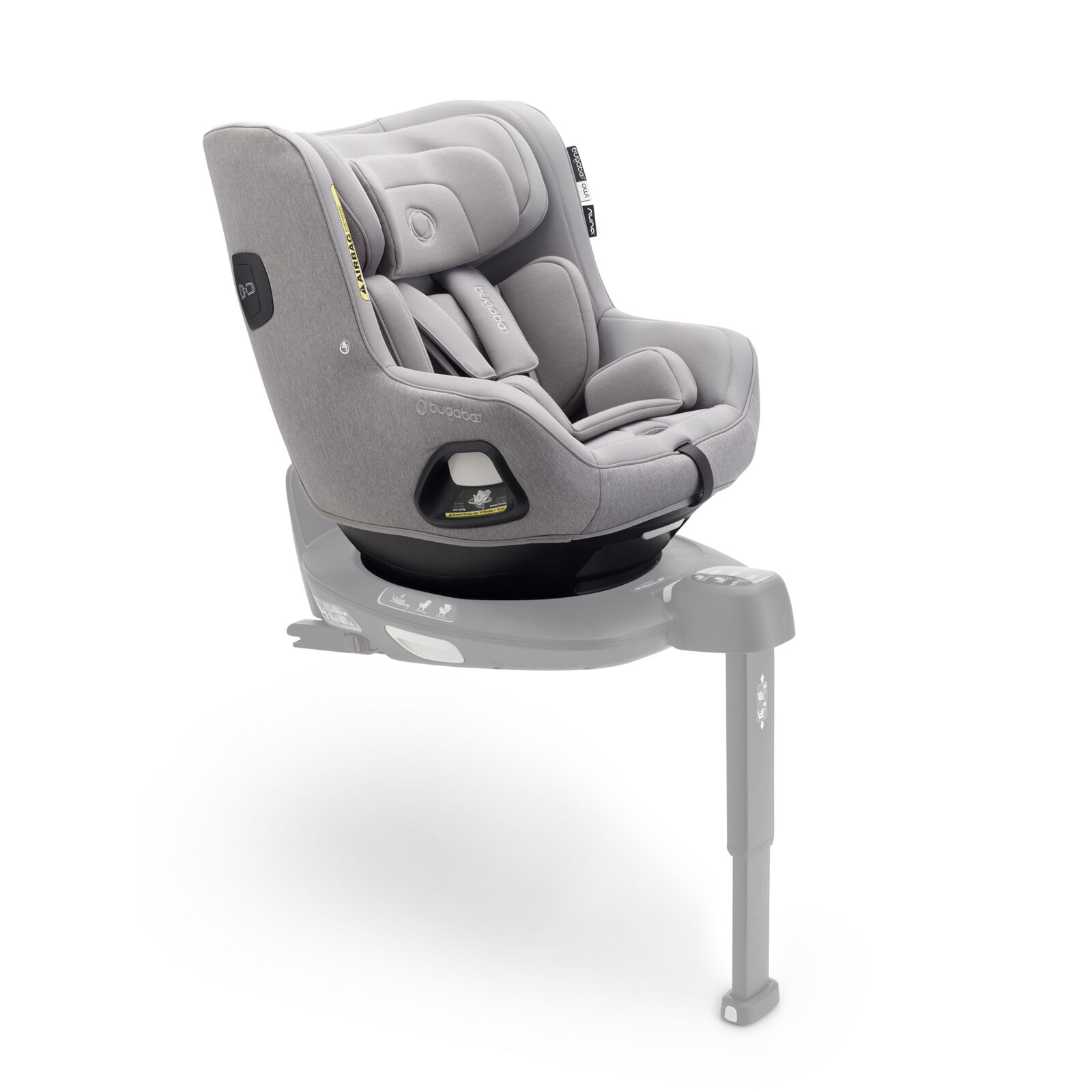 Bugaboo Owl by Nuna car seat in grey fabrics on the 360 ISOFIX Base, with stability leg extended. Text reads: i-Size approved.