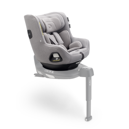 Bugaboo Owl by Nuna car seat in grey fabrics on the 360 ISOFIX Base, with stability leg extended. Text reads: i-Size approved.