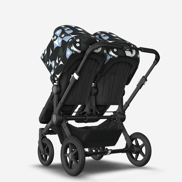 Bugaboo Donkey 5 twin stroller black base, midnight black fabrics, animal explorer green/light blue sun canopy - Main Image Slide 3 of 12