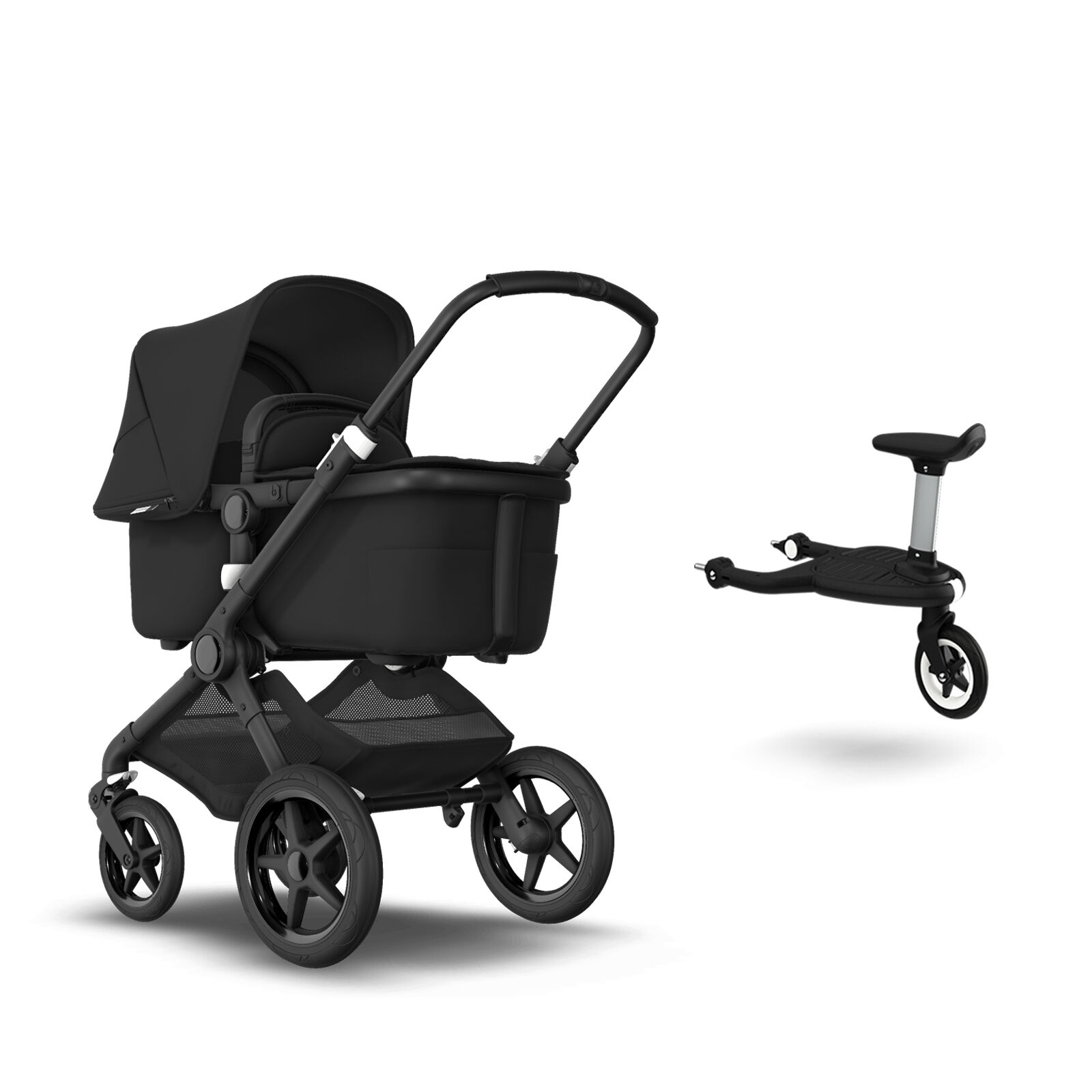 Bugaboo Fox 2 and Wheeled board Black sun canopy, black fabrics, black