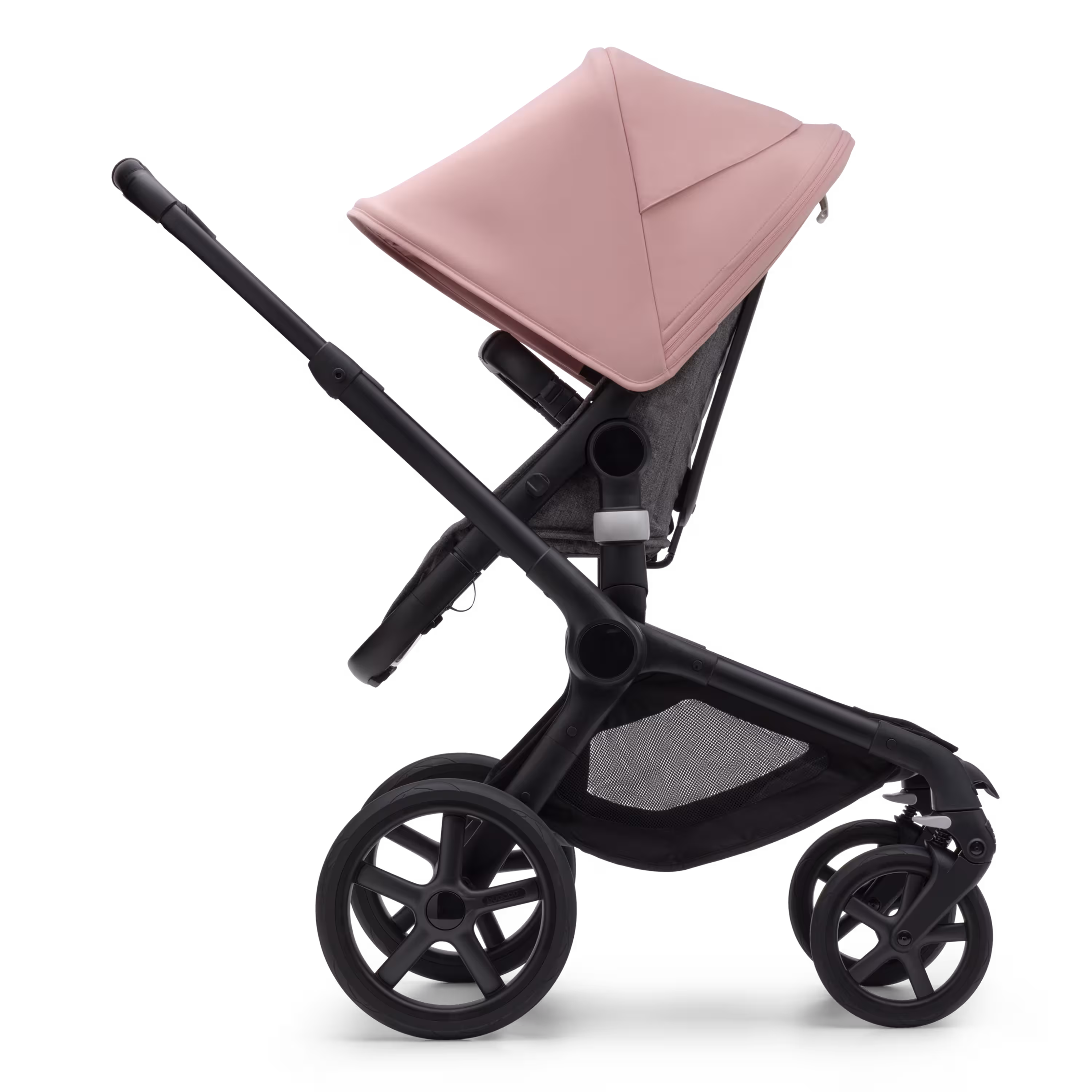 Side view of the Bugaboo Fox 5 seat pushchair with black chassis, grey melange fabrics and morning pink sun canopy. - Main Modal Image Slide 3 of 13