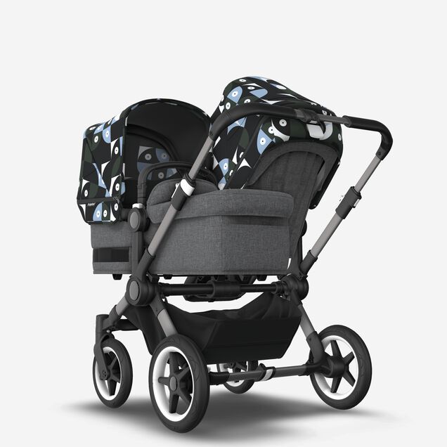 Bugaboo Donkey 5 Duo double stroller graphite base, grey mélange fabrics, animal explorer green/ light blue sun canopy - Main Image Slide 1 of 10
