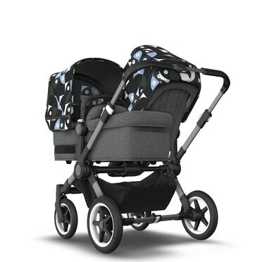 Bugaboo Donkey 5 Duo double stroller graphite base, grey mélange fabrics, animal explorer green/ light blue sun canopy