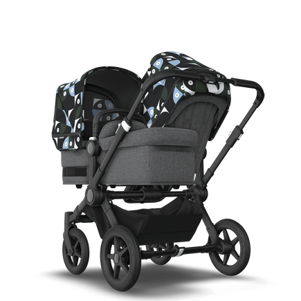 Bugaboo Donkey 5 Duo bassinet and seat stroller black base, grey mélange fabrics, animal explorer green/ light blue sun canopy - view 1