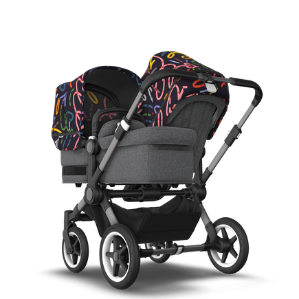 Bugaboo Donkey 5 Duo bassinet and seat stroller graphite base, grey mélange fabrics, art of discovery dark blue sun canopy - view 1