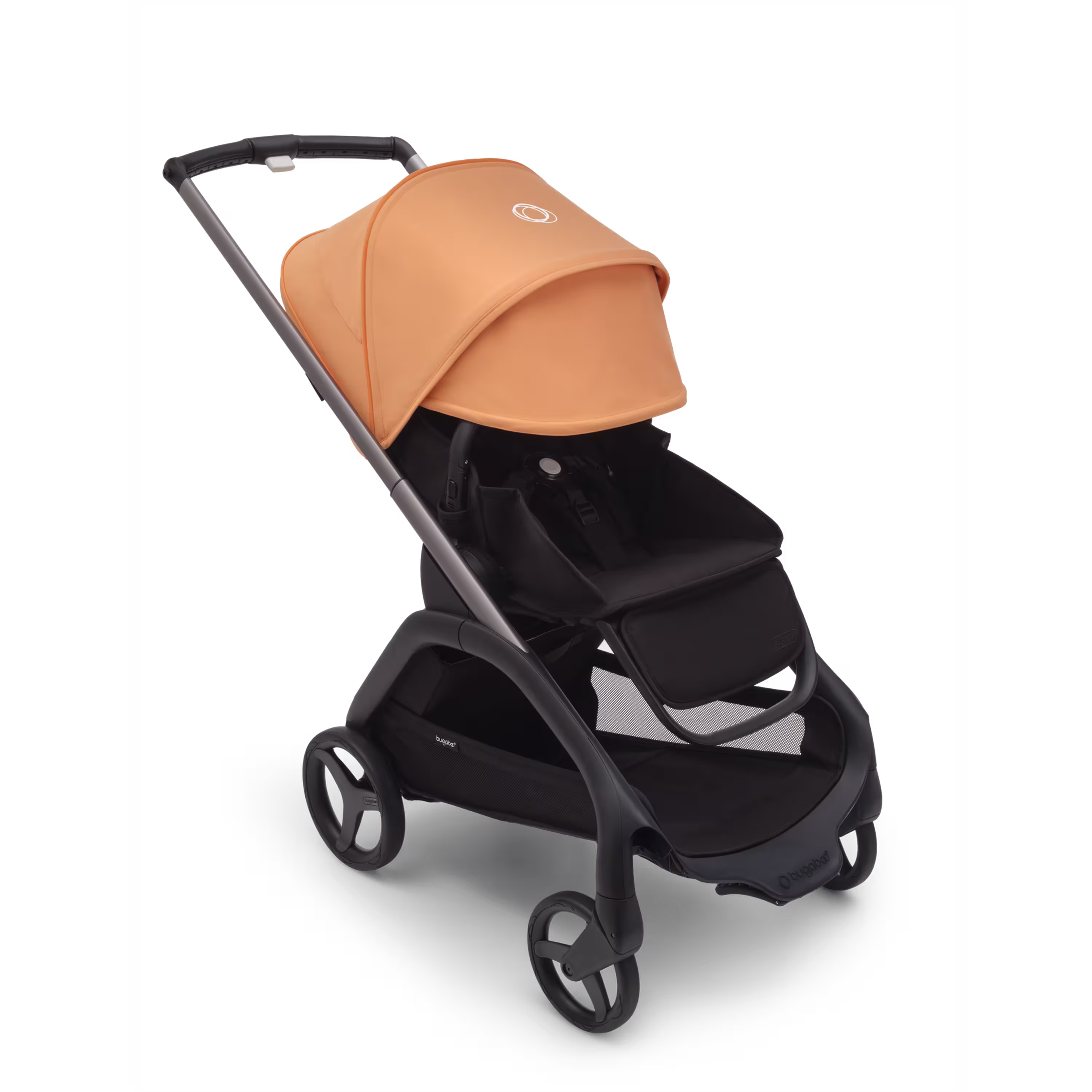 Bugaboo Dragonfly seat stroller with graphite chassis, midnight black fabrics and island coral sun canopy. The sun canopy is fully extended. - Main Modal Image Slide 3 of 16