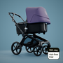 Bugaboo Fox 5 carrycot pushchair with astro purple sun canopy; in the left bottom corner is the Push to Zero logo.