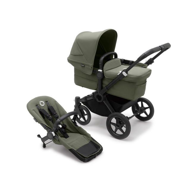 Bugaboo Donkey 5 Mono bassinet and seat stroller black base, forest green fabrics, forest green sun canopy