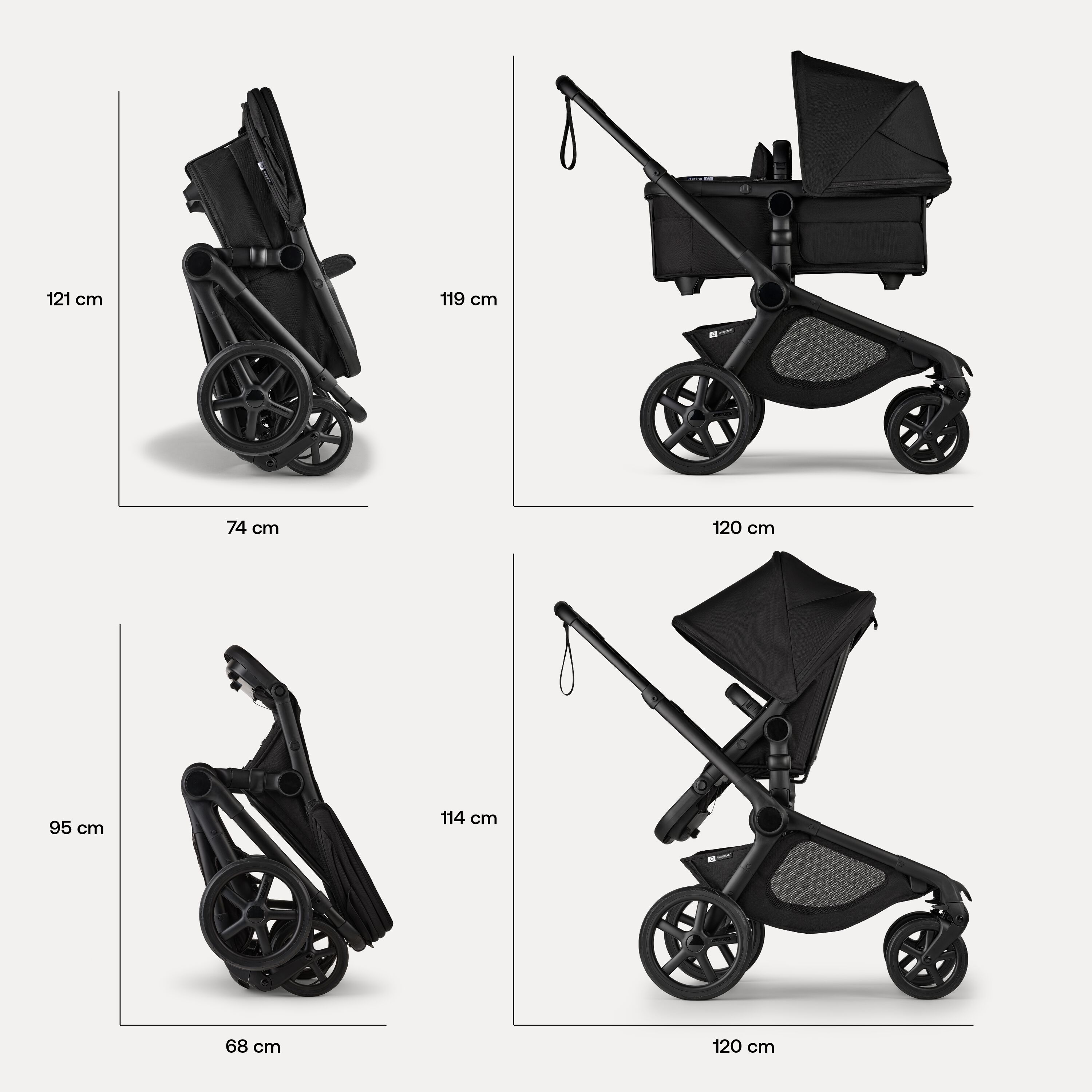Folded dimensions of the Bugaboo Kangaroo stroller: With the bassinet: 121 x 74 cm. With the seat: 95 x 68 cm. In-use dimensions of the Bugaboo Kangaroo stroller: With the bassinet: 119 x 120 cm. With the seat: 114 x 120 cm. - Main Modal Image Slide 13 of 18