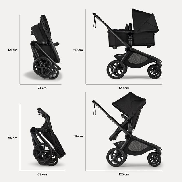 Folded dimensions of the Bugaboo Kangaroo stroller: With the bassinet: 121 x 74 cm. With the seat: 95 x 68 cm. In-use dimensions of the Bugaboo Kangaroo stroller: With the bassinet: 119 x 120 cm. With the seat: 114 x 120 cm. - Main Image Slide 13 of 18