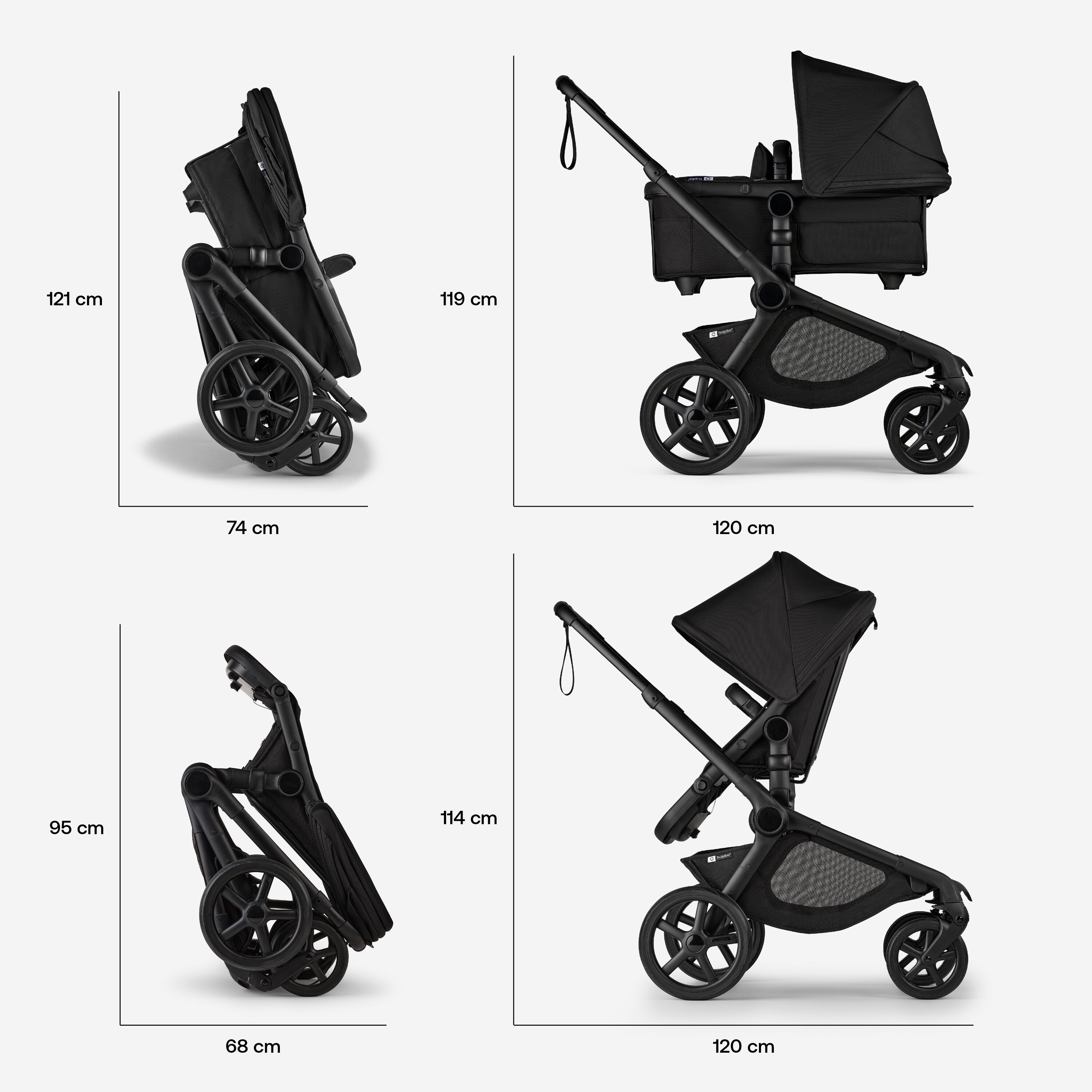Folded dimensions of the Bugaboo Kangaroo stroller: With the bassinet: 121 x 74 cm. With the seat: 95 x 68 cm. In-use dimensions of the Bugaboo Kangaroo stroller: With the bassinet: 119 x 120 cm. With the seat: 114 x 120 cm. - Main Modal Image Slide 13 of 18