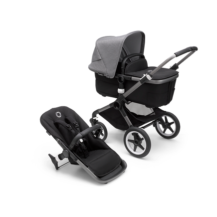 Bugaboo Fox 3 bassinet and seat stroller graphite base, midnight black fabrics, grey melange sun canopy