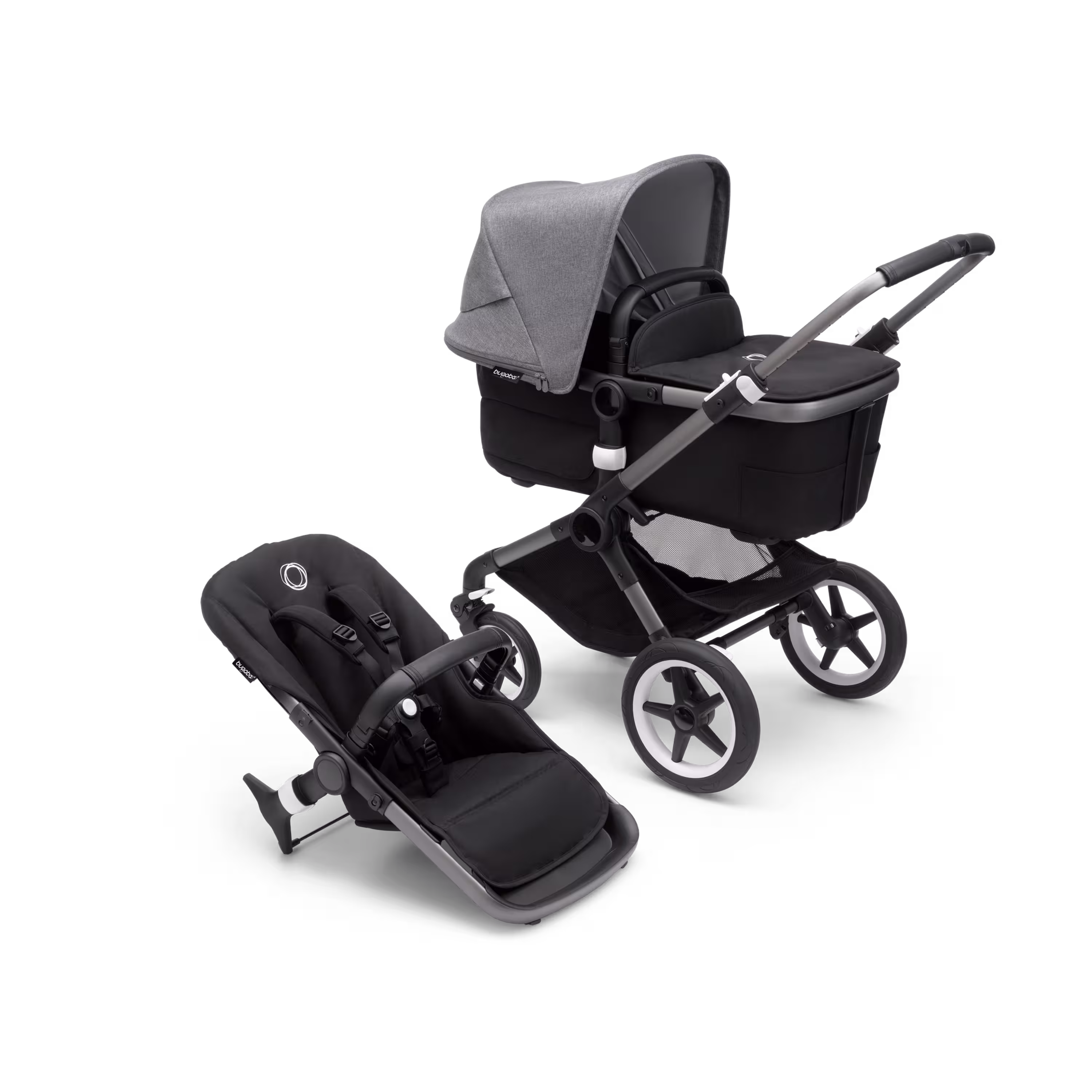 Bugaboo Fox 3 bassinet and seat stroller graphite base, midnight black fabrics, grey melange sun canopy - Main Modal Image Slide 1 of 7