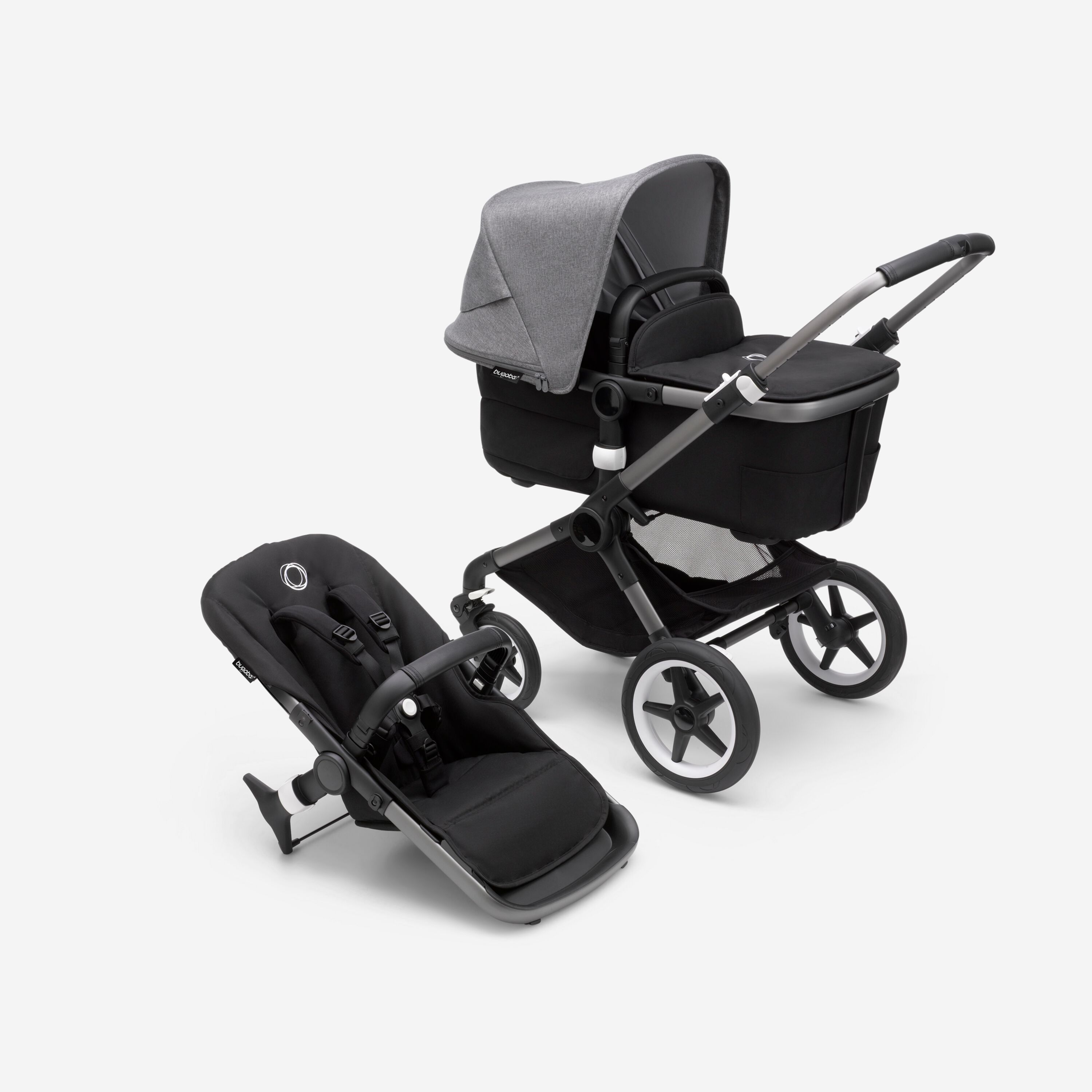 Bugaboo Fox 3 bassinet and seat stroller with graphite frame, black fabrics, and grey sun canopy. - Main Modal Image Slide 1 of 7