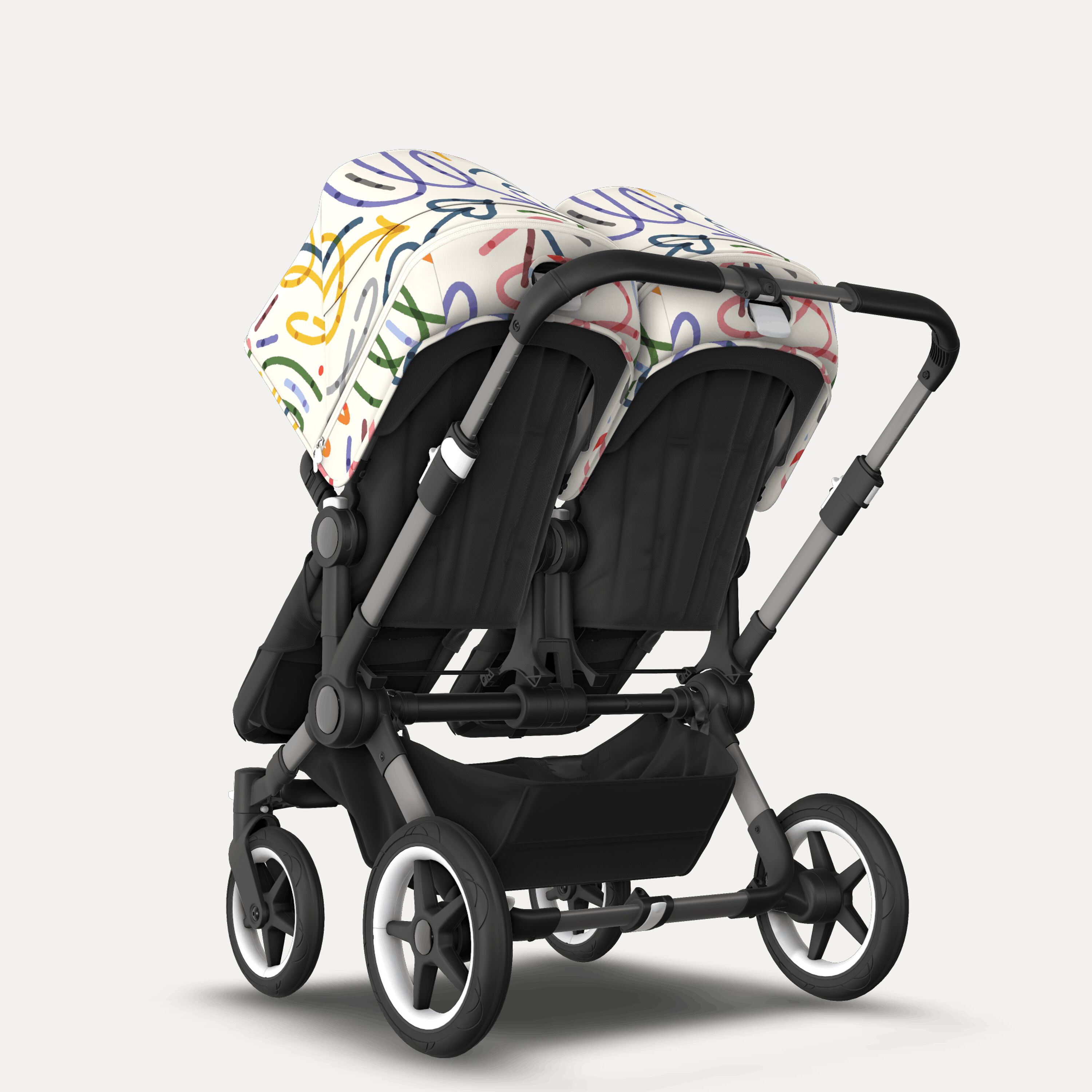 Bugaboo Donkey 5 twin stroller graphite base, midnight black fabrics, art of discovery white sun canopy - Main Modal Image Slide 3 of 12