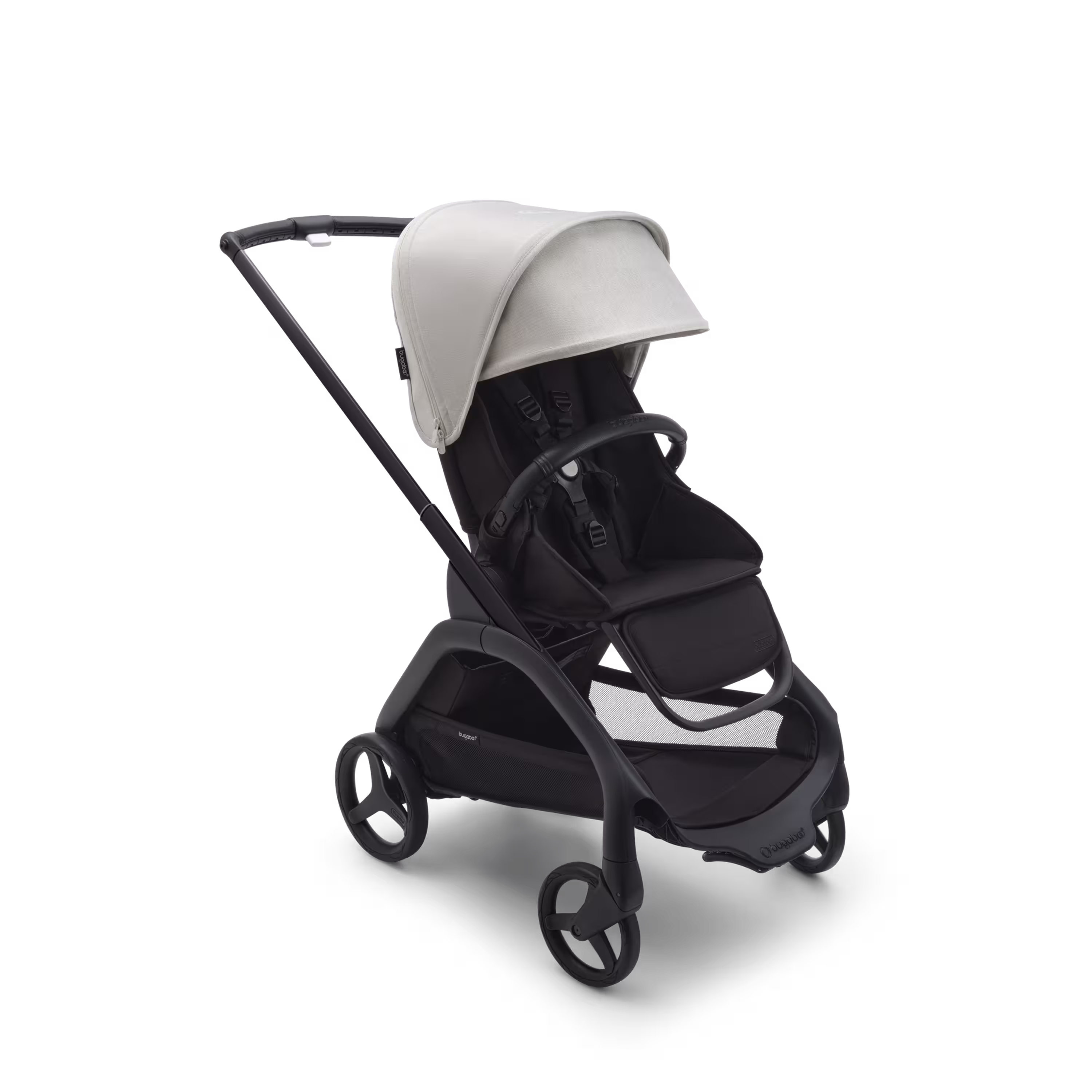 Bugaboo Dragonfly seat stroller with black chassis, midnight black fabrics and misty white sun canopy. - Main Modal Image Slide 1 of 16