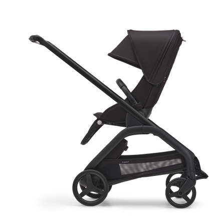 Side view of the Bugaboo Dragonfly seat pushchair with black chassis, midnight black fabrics and midnight black sun canopy. - view 2