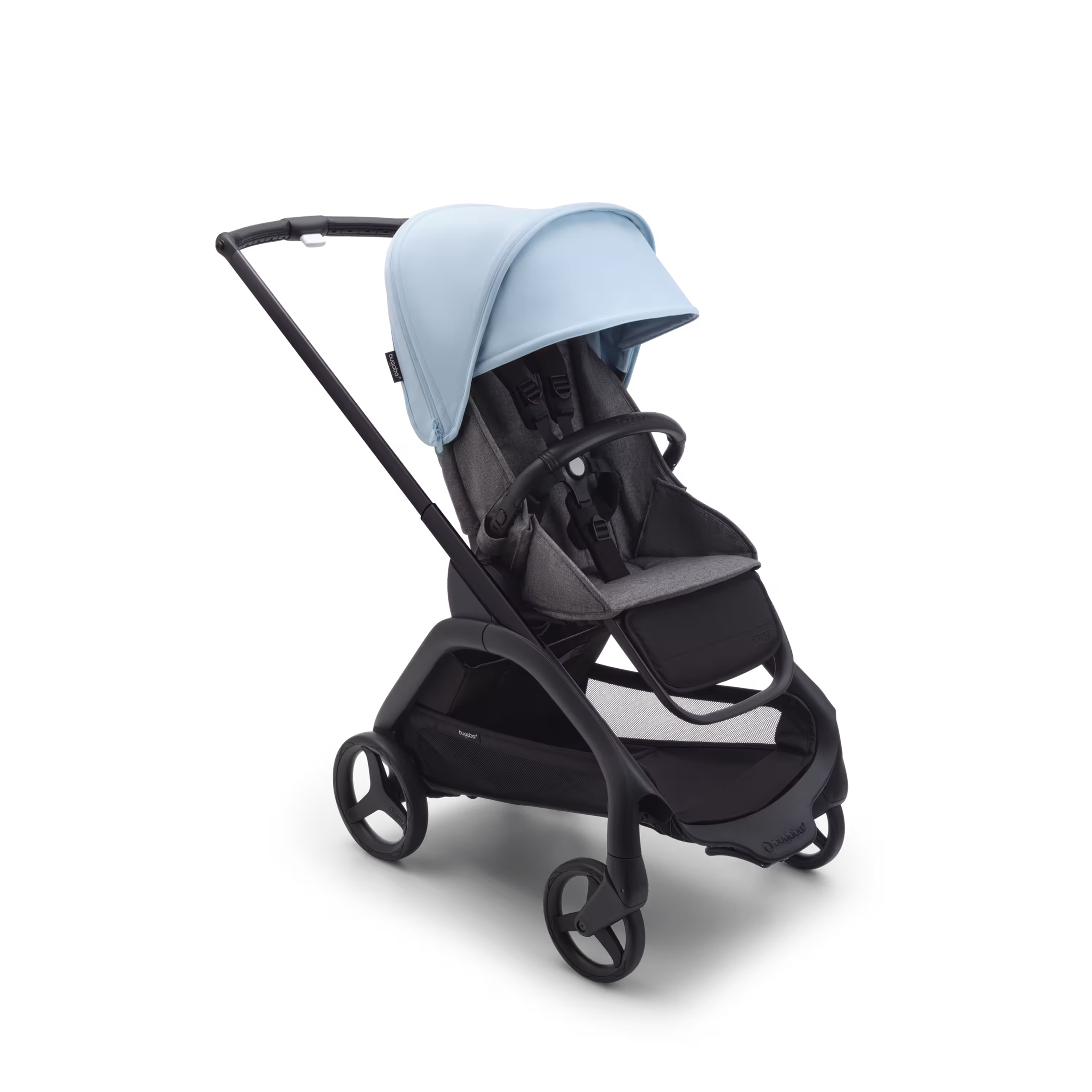 Bugaboo Dragonfly seat stroller with black chassis, grey melange fabrics and skyline blue sun canopy. - Main Modal Image Slide 1 of 16