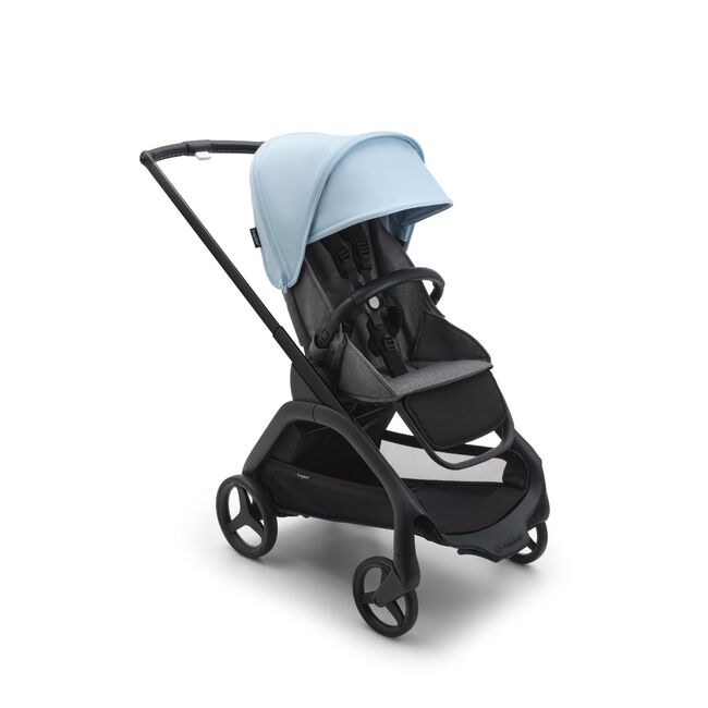 Bugaboo Dragonfly seat stroller with black chassis, grey melange fabrics and skyline blue sun canopy. - Main Image Slide 1 of 18