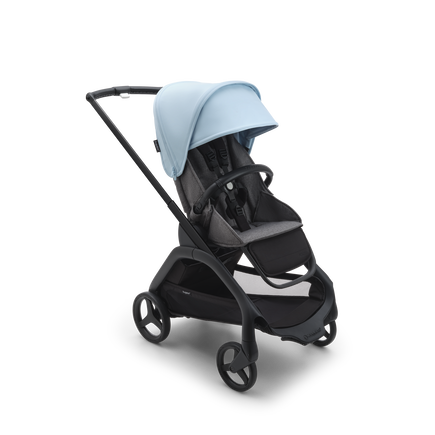 Bugaboo Dragonfly seat stroller with black chassis, grey melange fabrics and skyline blue sun canopy.