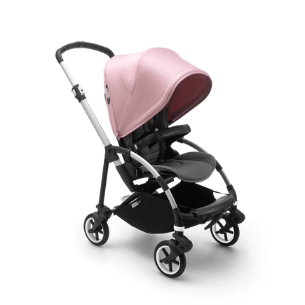 Bugaboo Bee 6 seat stroller soft pink sun canopy, grey mélange fabrics, aluminium base