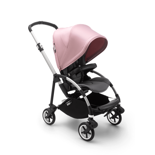 Bugaboo Bee 6 seat stroller soft pink sun canopy, grey mélange fabrics, aluminum base