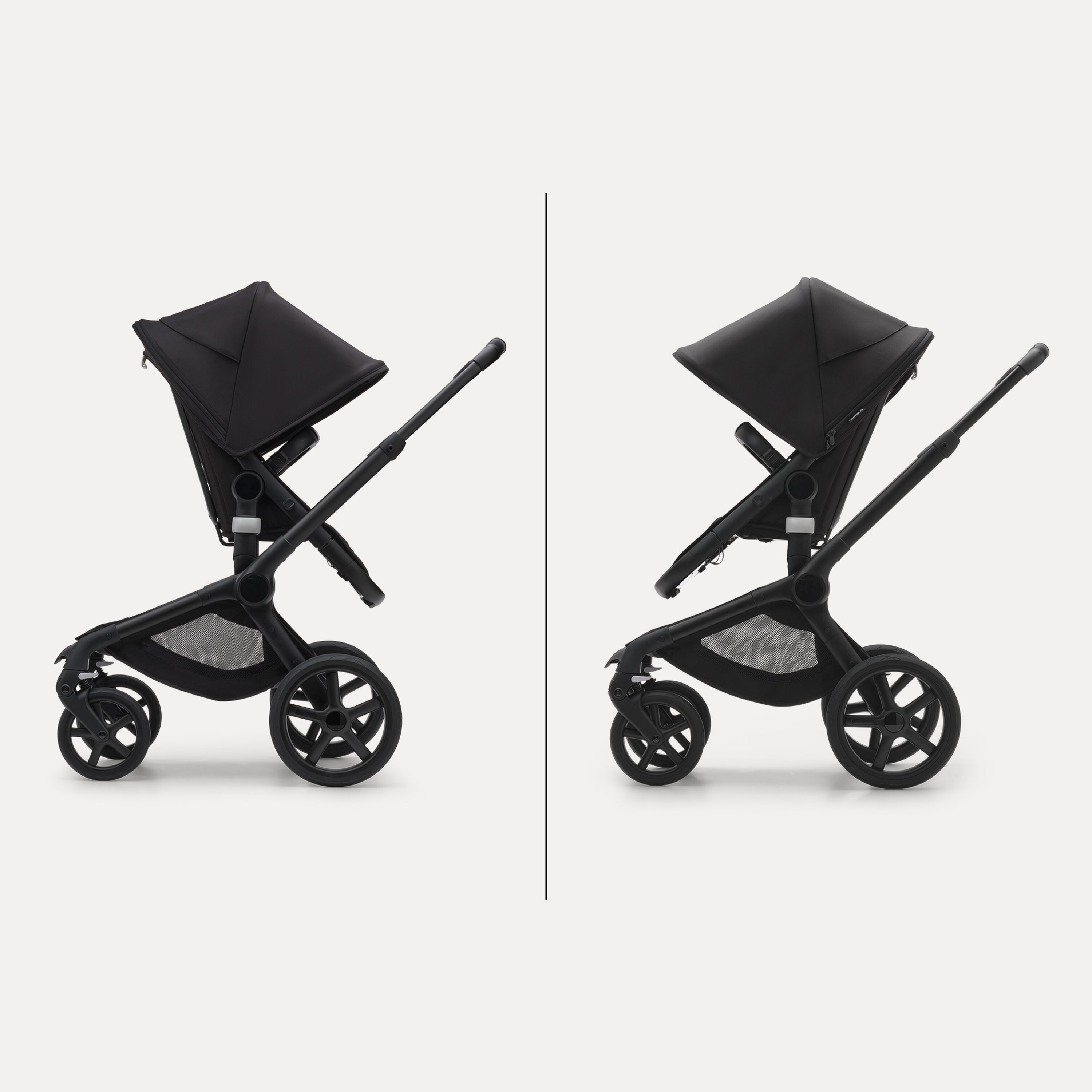 The Bugaboo Fox 5's reversible seat in two positions: facing parents or facing the world. - Main Modal Image Slide 7 of 13
