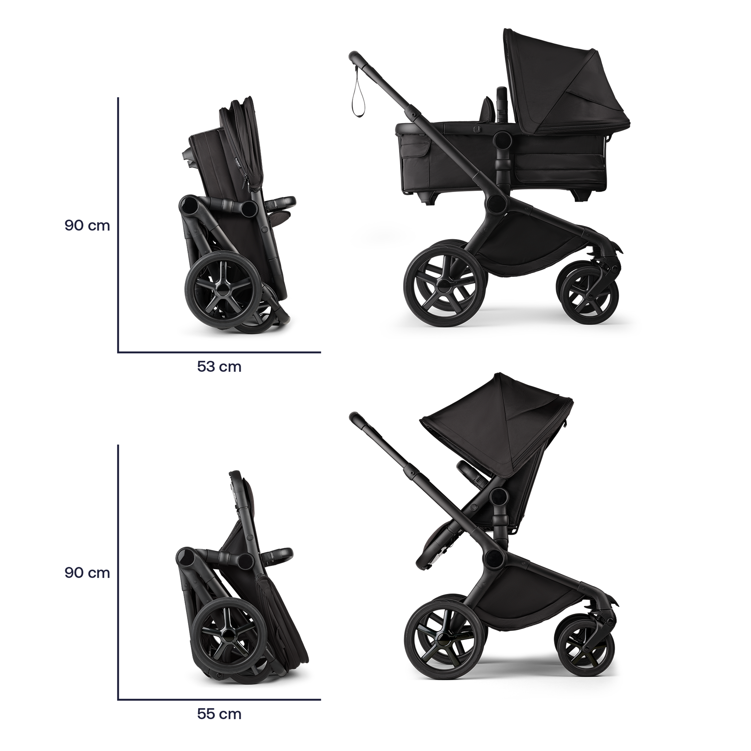 Folded dimensions of the Bugaboo Fox 5 Noir Limited Edition Black Moonlight: With the bassinet: 90 x 35 cm. With seat: 90 x 55 cm. - Thumbnail Slide 11 of 15