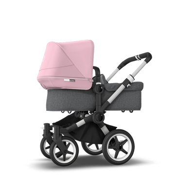 Bugaboo Donkey 3 Mono seat and bassinet stroller soft pink sun canopy, grey melange fabrics, aluminium base